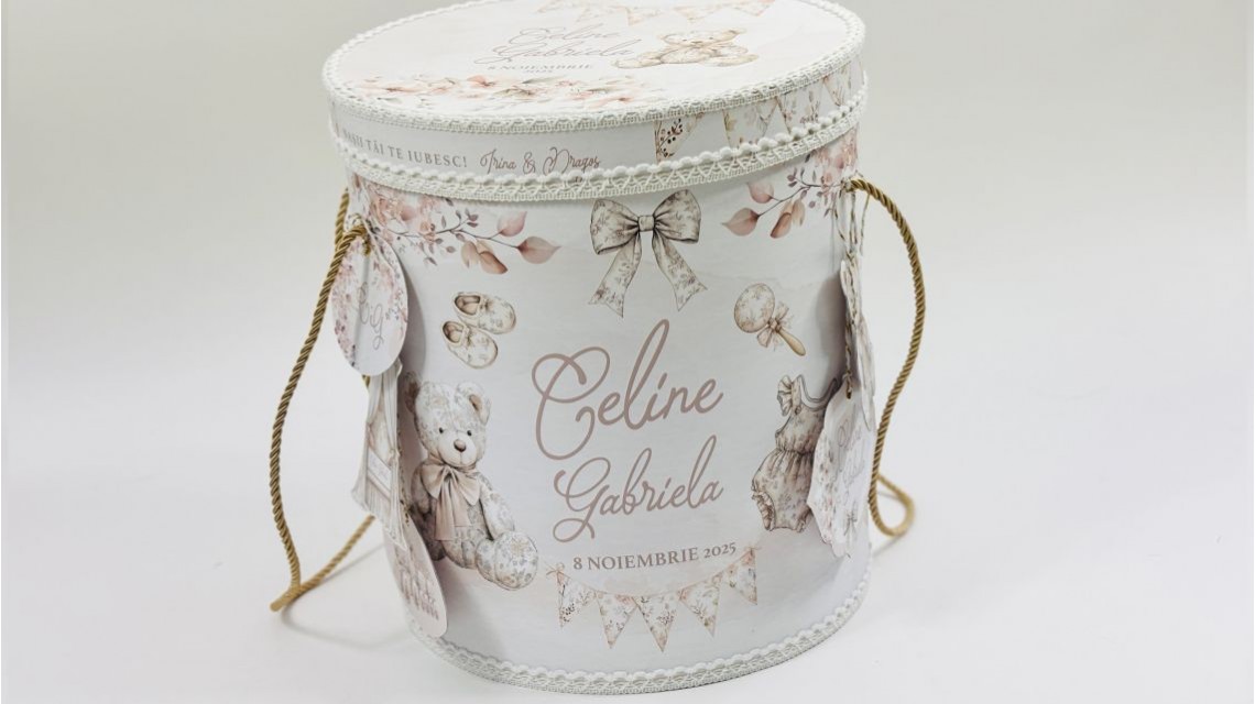 Trusou botez Nude Teddy Bear Toile de Jouy bej crem cu accente light pink și pattern floral vintage 27